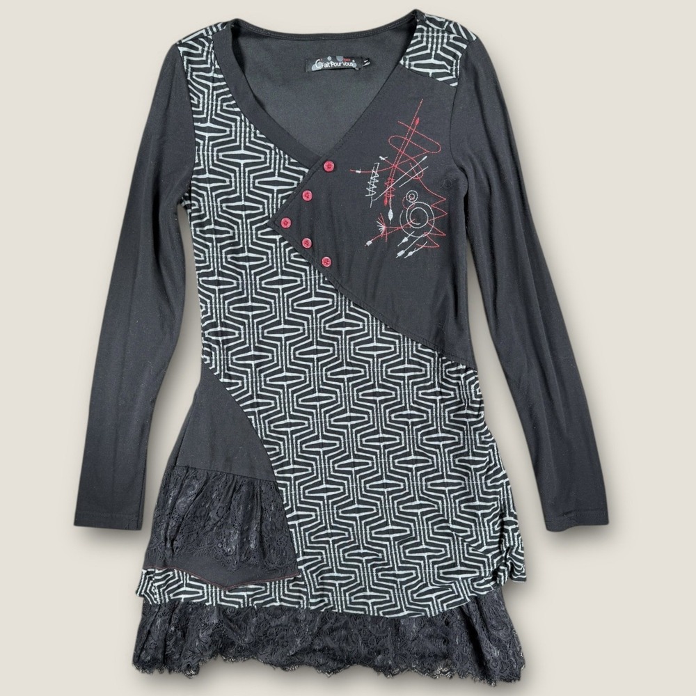 C' Fait Pour Vous Paris Lace Trim Asymmetrical Dress Black Geometric Sz‎ 1 S